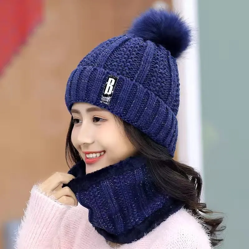 Women Wool Knitted Hat Ski Hat Sets Windproof Winter Outdoor Knit Thick Siamese Scarf Collar Warm Keep Face Warmer Beanies Hat