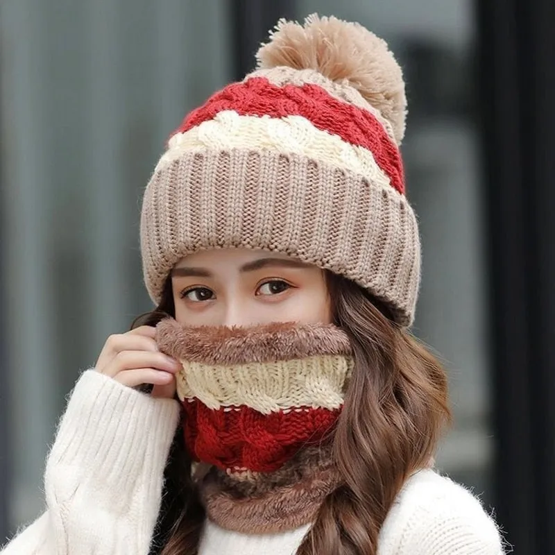 Women Wool Knitted Hat Ski Hat Sets Windproof Winter Outdoor Knit Thick Siamese Scarf Collar Warm Keep Face Warmer Beanies Hat