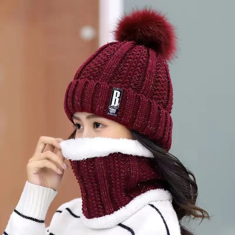 Women Wool Knitted Hat Ski Hat Sets Windproof Winter Outdoor Knit Thick Siamese Scarf Collar Warm Keep Face Warmer Beanies Hat