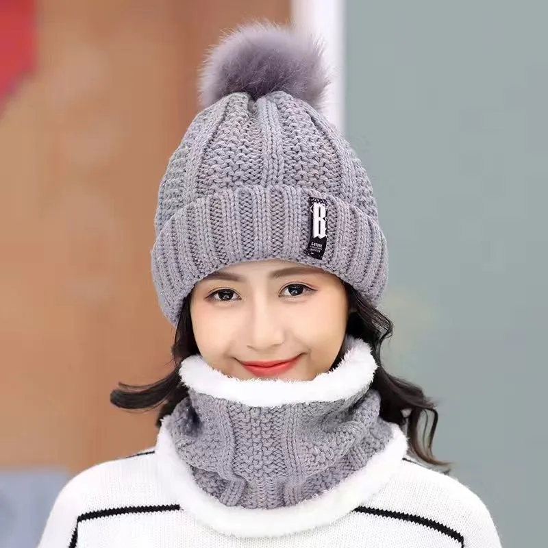 Women Wool Knitted Hat Ski Hat Sets Windproof Winter Outdoor Knit Thick Siamese Scarf Collar Warm Keep Face Warmer Beanies Hat