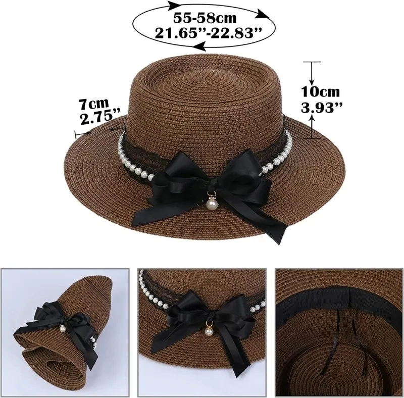 Womens Big Bowknot Wide Brim Concave Top Straw Hat Floppy Summer Sun Beach UPF50 Foldable Fedora Trilby