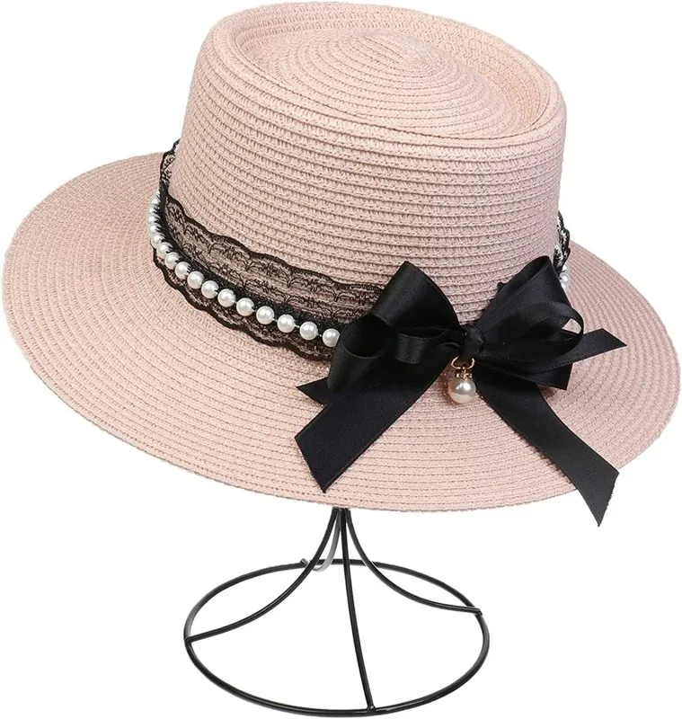 Womens Big Bowknot Wide Brim Concave Top Straw Hat Floppy Summer Sun Beach UPF50 Foldable Fedora Trilby