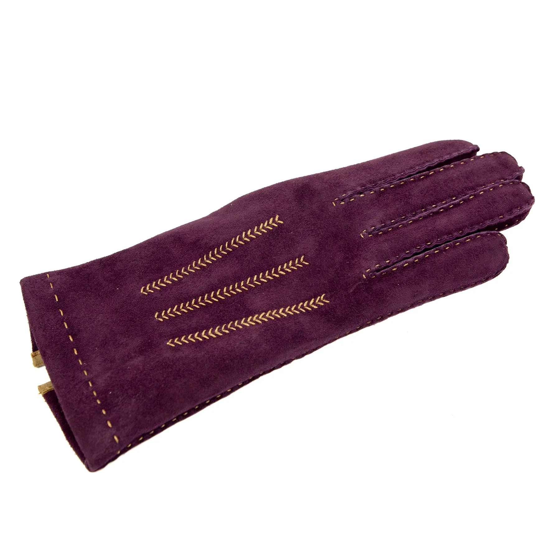 Women's classic purple suede leather gloves entirely hand-sewn with cashmere lining