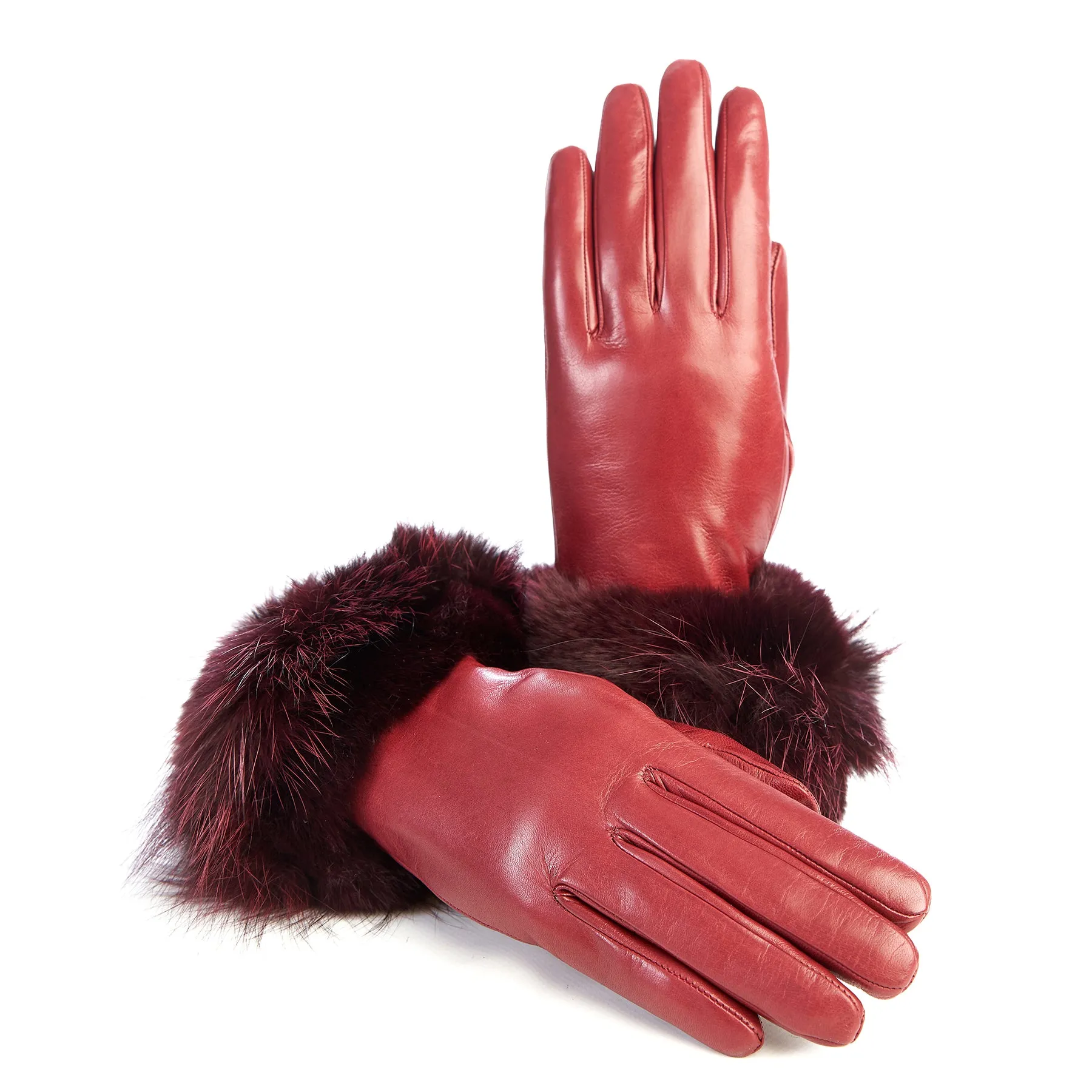 Women's dark red genuine leather gloves with large refined fur cuff