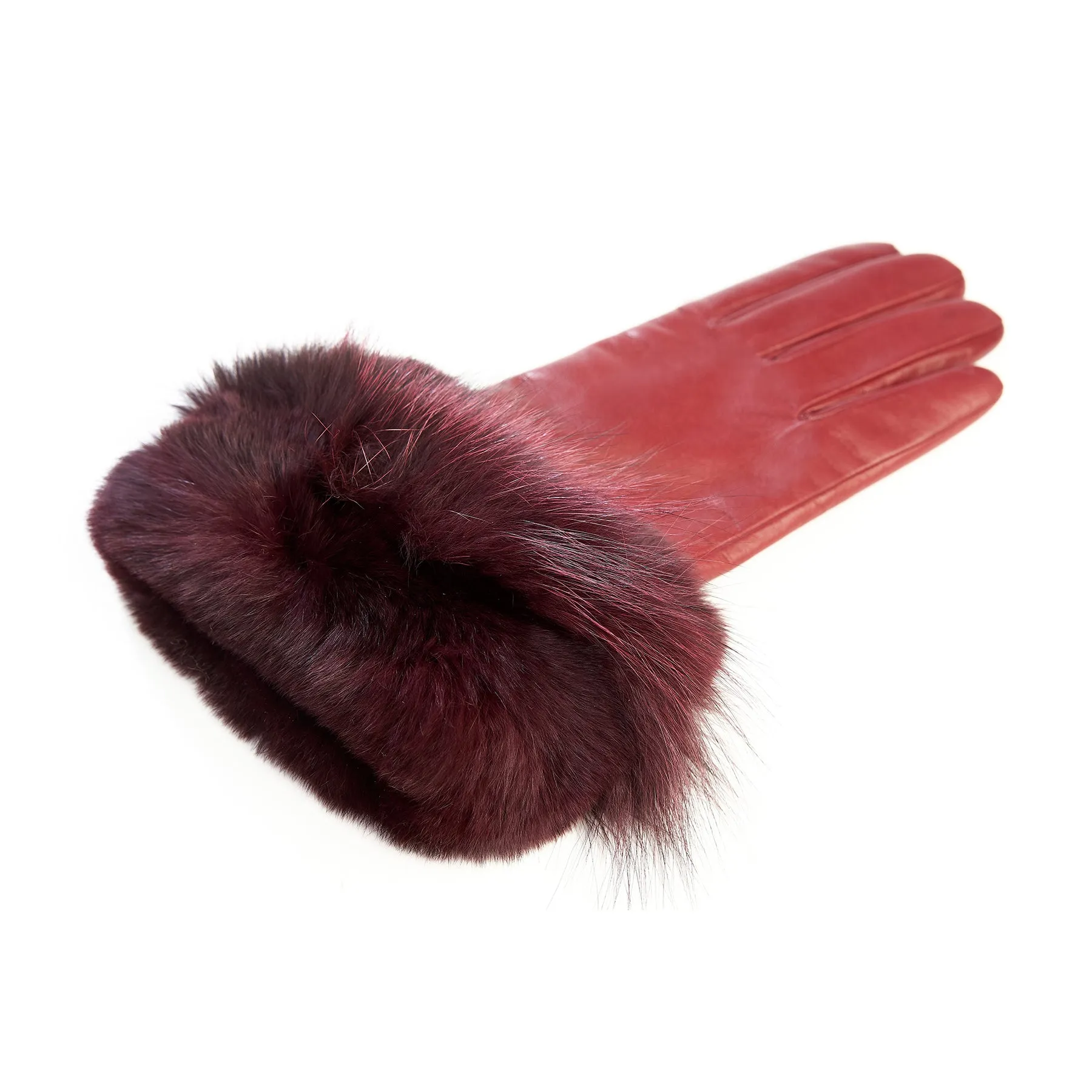 Women's dark red genuine leather gloves with large refined fur cuff