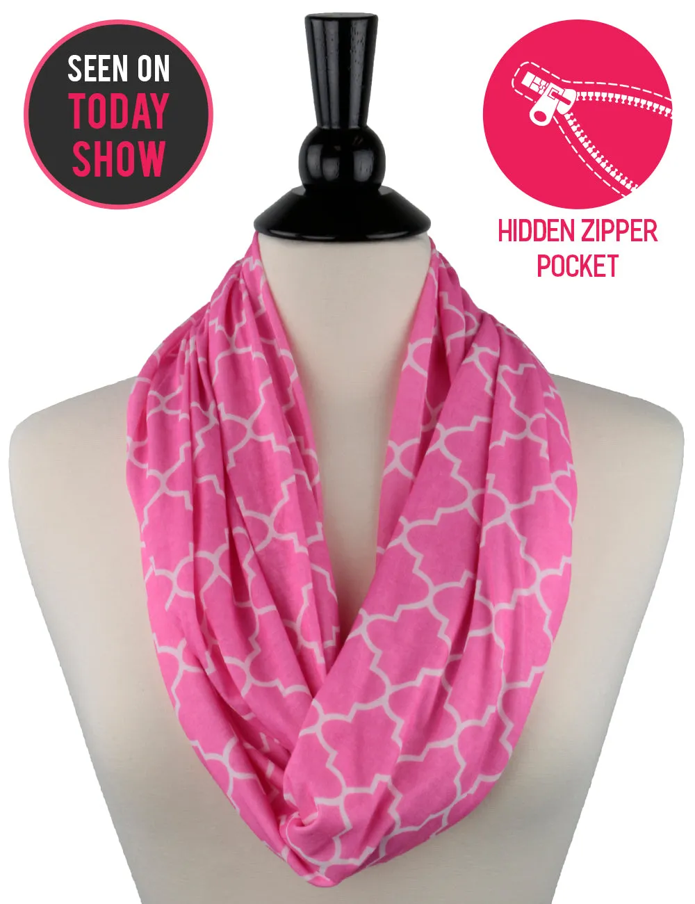 Women's Infinity Scarf with Zipper Pocket, Infinity Scarves with Quatrefoil Patterned Scarf Design & Hidden Zipper Pocket