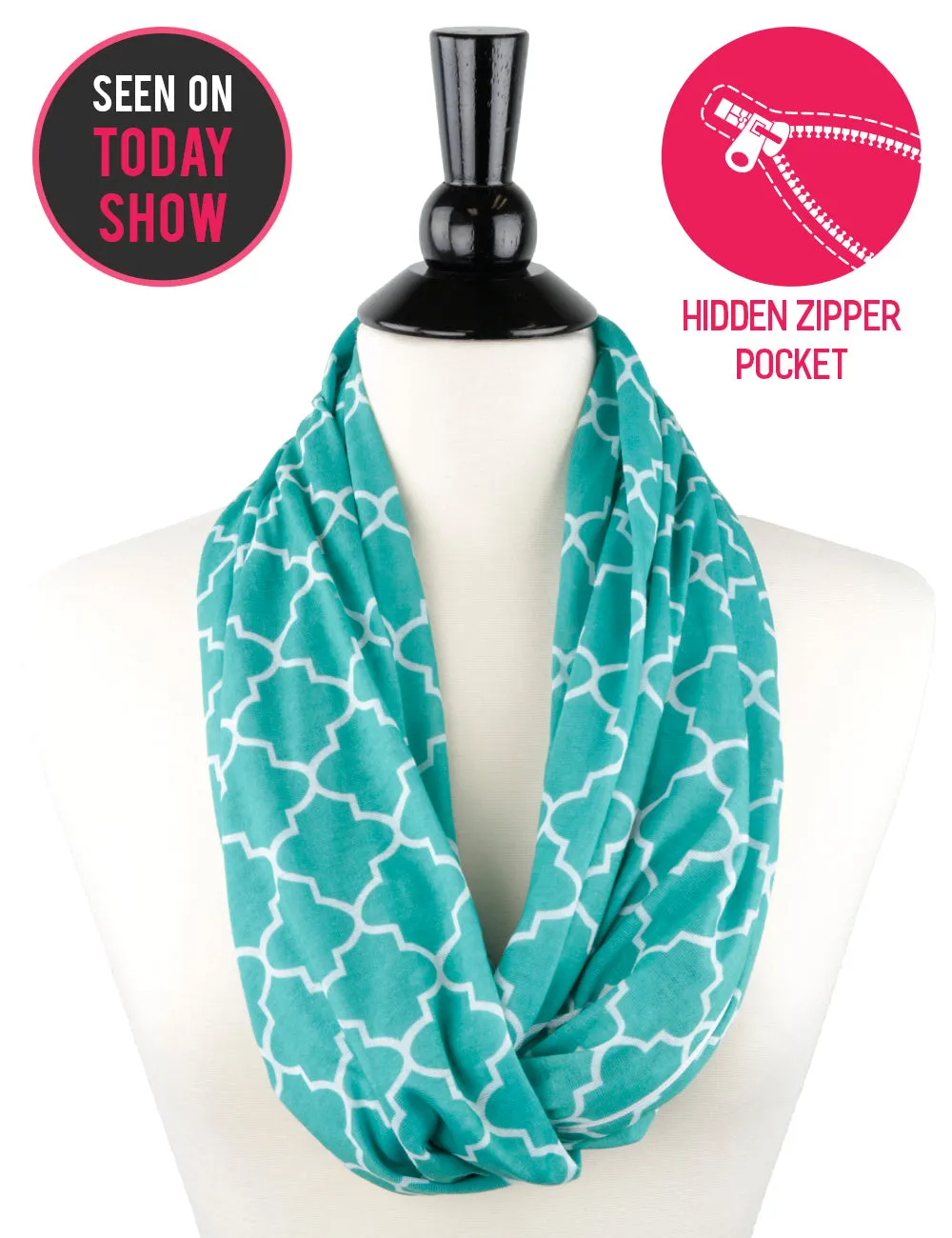 Women's Infinity Scarf with Zipper Pocket, Infinity Scarves with Quatrefoil Patterned Scarf Design & Hidden Zipper Pocket