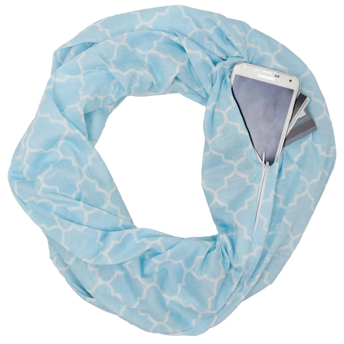 Women's Infinity Scarf with Zipper Pocket, Infinity Scarves with Quatrefoil Patterned Scarf Design & Hidden Zipper Pocket