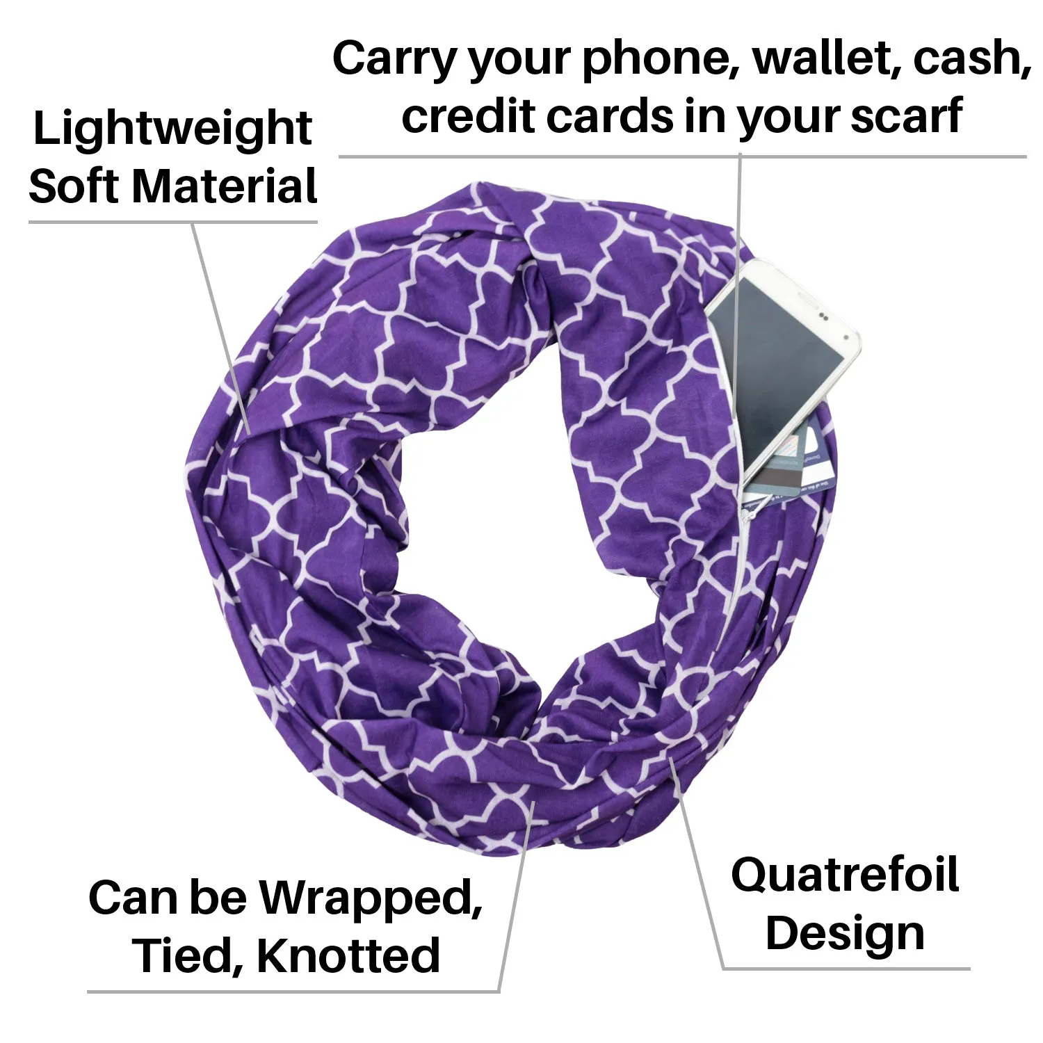 Women's Infinity Scarf with Zipper Pocket, Infinity Scarves with Quatrefoil Patterned Scarf Design & Hidden Zipper Pocket