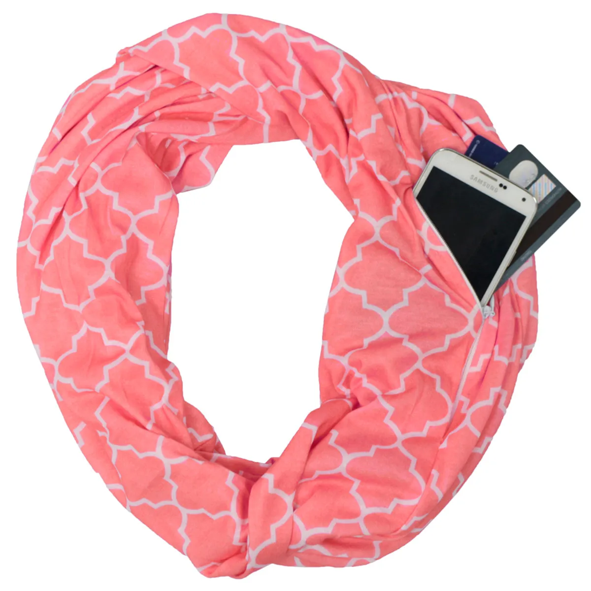 Women's Infinity Scarf with Zipper Pocket, Infinity Scarves with Quatrefoil Patterned Scarf Design & Hidden Zipper Pocket