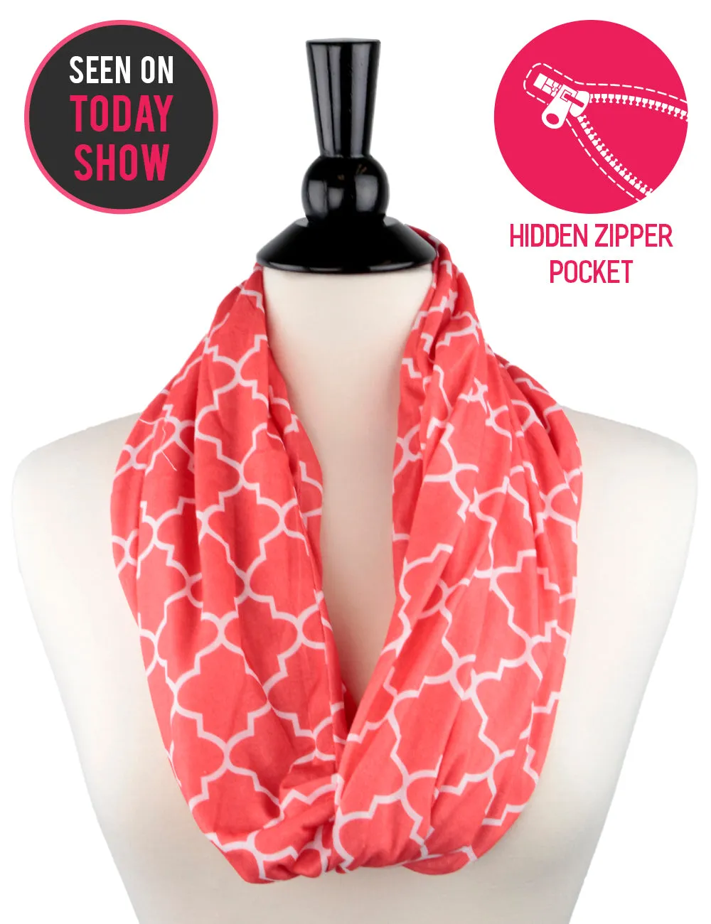 Women's Infinity Scarf with Zipper Pocket, Infinity Scarves with Quatrefoil Patterned Scarf Design & Hidden Zipper Pocket