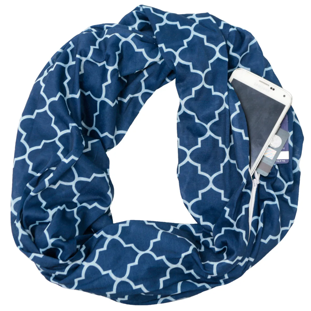 Women's Infinity Scarf with Zipper Pocket, Infinity Scarves with Quatrefoil Patterned Scarf Design & Hidden Zipper Pocket