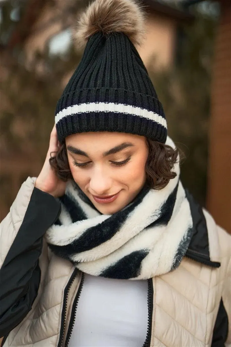 Zebra Striped Fuzzy Faux Fur Twisted Infinity Scarf